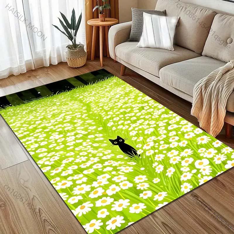 1PC Black cat in flower field Pattern Rug Carpets for Bedroom Living Room Sofa Mat Creative Door Mat Cloakroom Home Decor