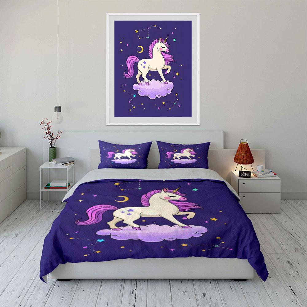 Dreamy Unicorn On Cloudy Sky Duvet Cover Set With 3D Printing Design Soft Polyester Bedding Set All-Season Comfort For Gifts