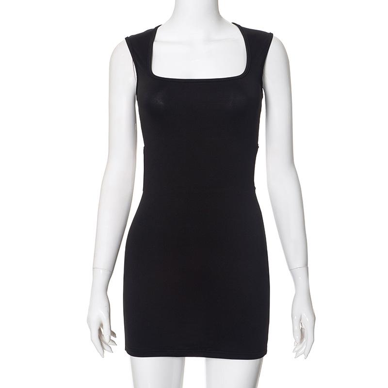 GMXIA Women's Summer Solid Color Wide Halter Square Neck Hollowed-out Backpack Hip Slim-fit Dress