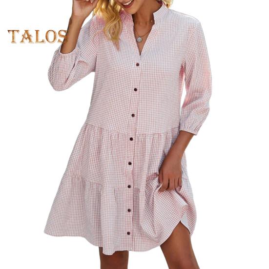 Button Down Shirt Dress for Women Casual Half Sleeve V-neck Stripe Dress Flowy A-line Midi Dress for Summer Beach Vacation