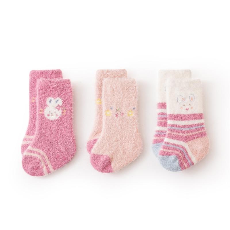 3 Pairs Of Winter Cartoon Baby Plush Socks Non-slip Dotted Floor Socks Baby Toddler Socks