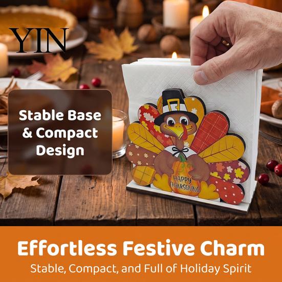 Fall Holiday Dining Accessories Thanksgiving Gnome Turkey Napkin Holder, Wooden Table Storage Rack, Kitchen Counter Organizer Autumn Tabletop