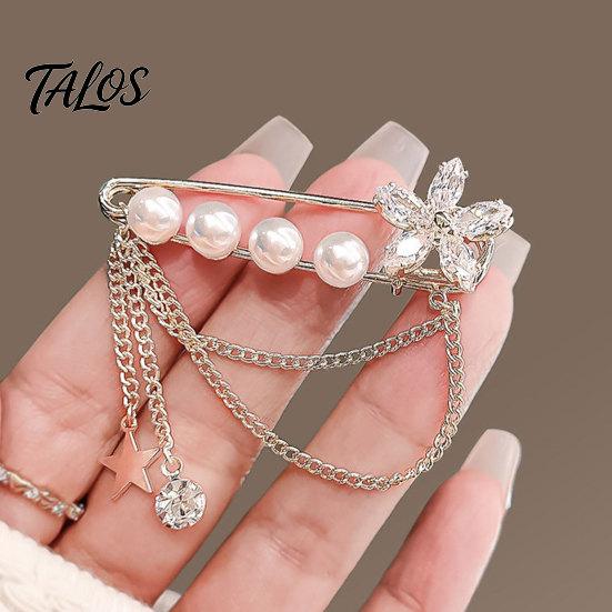 Brooch Pin for Women, Lapel Pin with Star Rhinestone Faux Pearl Tassel Design, Multi-Layered Pendant Badge for Neckline Cardigan Coat Decoration