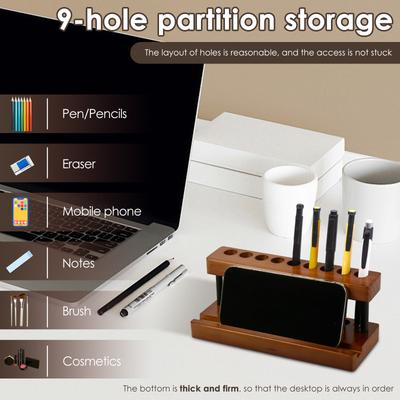 2Pcs Wooden Pen Holder with 9 Slots and Phone Holder Decorative Wood Pencil Organizer Pens Display Stand for Home Office Decor