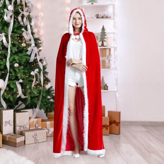 Xmas Cloak Fur Ball Decor Hooded Flurry Trim Lace-up Christmas Santa Claus Cape Women Long Type Thick Warm Party Costume Coat