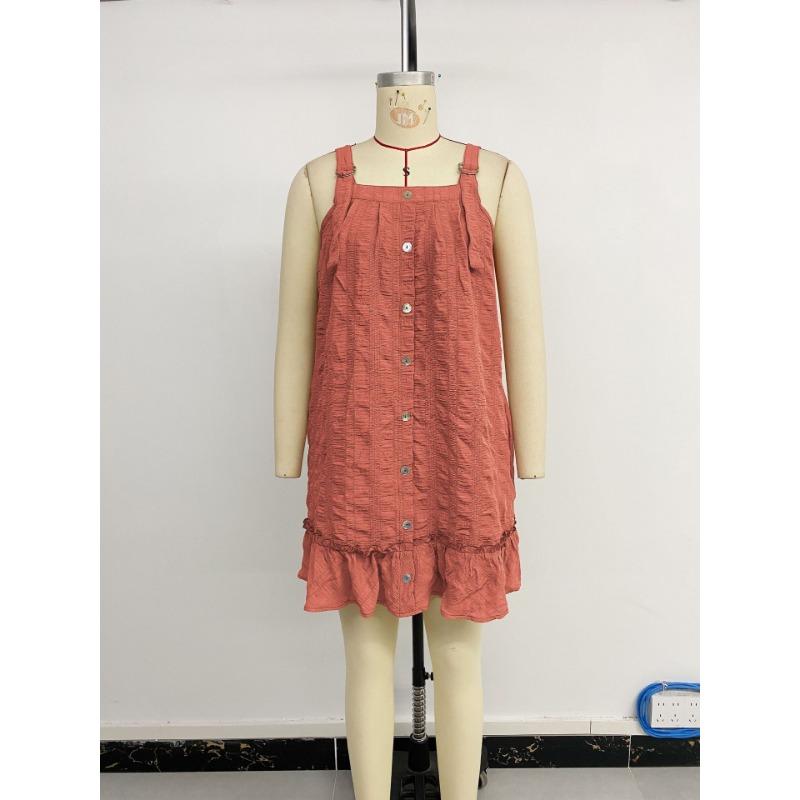Casual Suspender Solid Color Texture Pleated Ruffled Dress