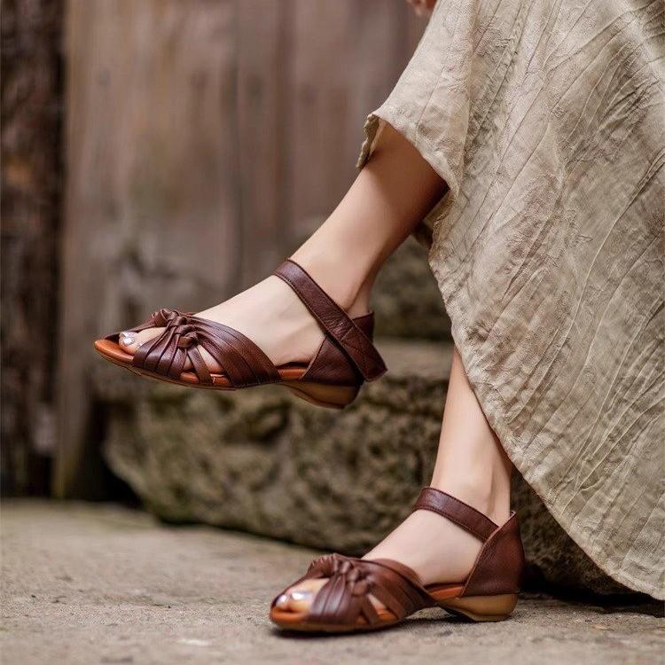 

Fashion 2025 Summer Soft-soled Fish-mouth Sandals, Original Hand-woven Roman Top-grain Cowhide One-strap Women s Shoes 35