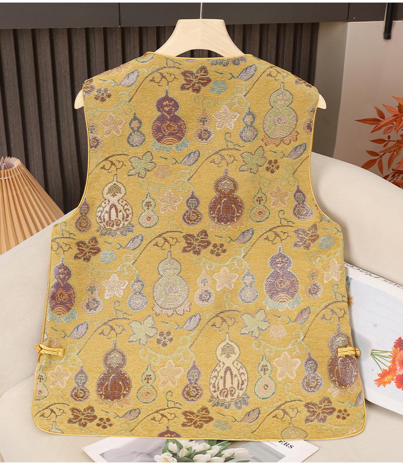 Dames Retro Chinese Kalebas Jacquard Vest, Lente/Herfst Ronde Hals met Kikkerknopen