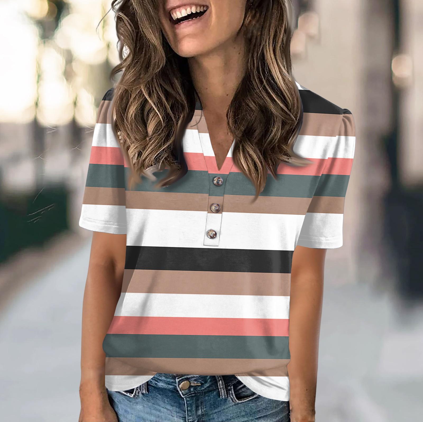 

Женская модная повседневная футболка с полосатым принтом и V-образным вырезом, коротким рукавом, на пуговицах L коричневый