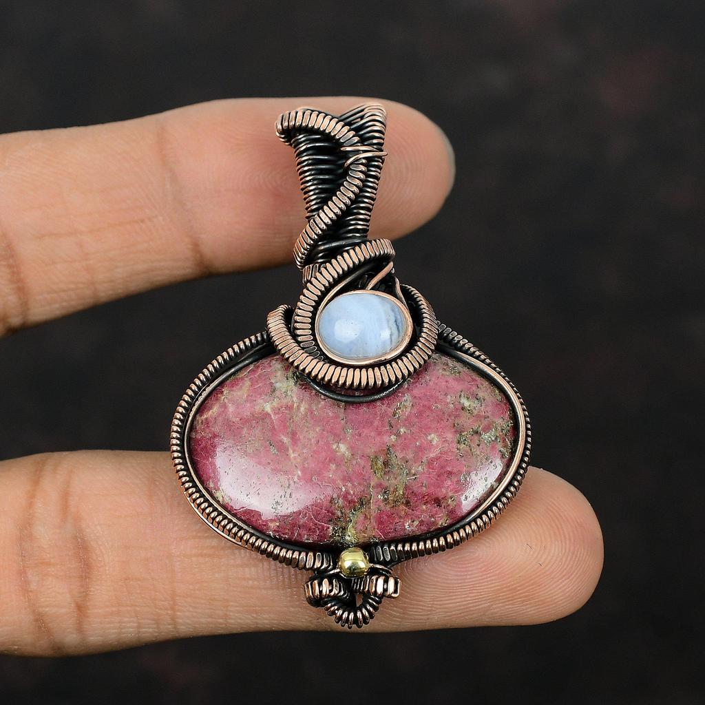 Thulite Pendant Copper Wire Wrapped Jewelry Blue Lace Agate Pendant Handmade Copper Pendant Gemstone Jewelry Gift For Mom Wire Wrap Pendant