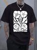 Black and White Floral Print T-shirt - Casual Crew Neck