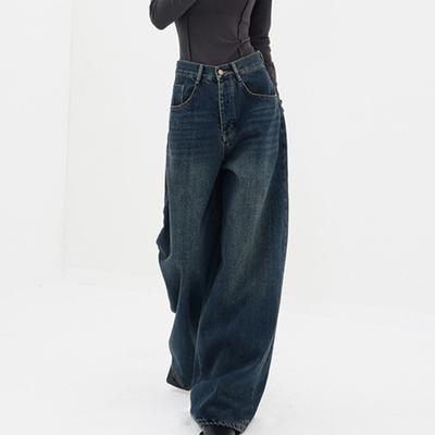 Mulheres retro jeans cintura alta reta perna larga calças compridas bolsos cor escura calças jeans de grandes dimensões streetwear
