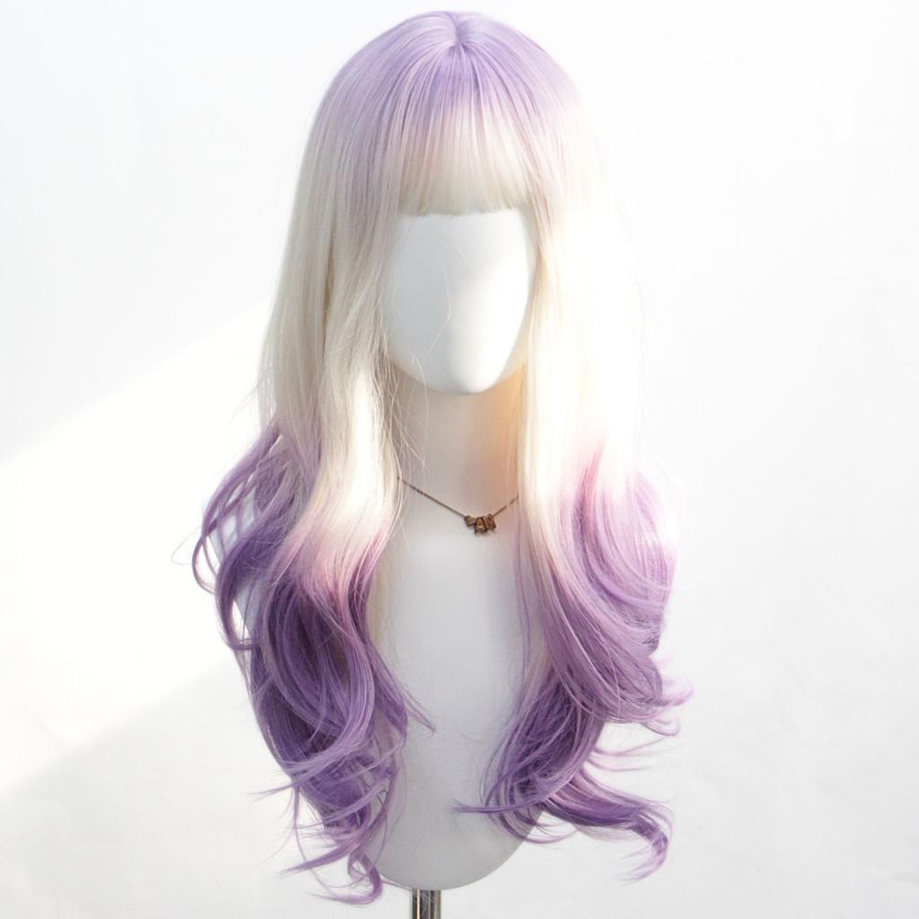 Synthetic white purple dyed wool curly wig languid lazy temperament long curly hair wigs for women daily cosplay party gifts