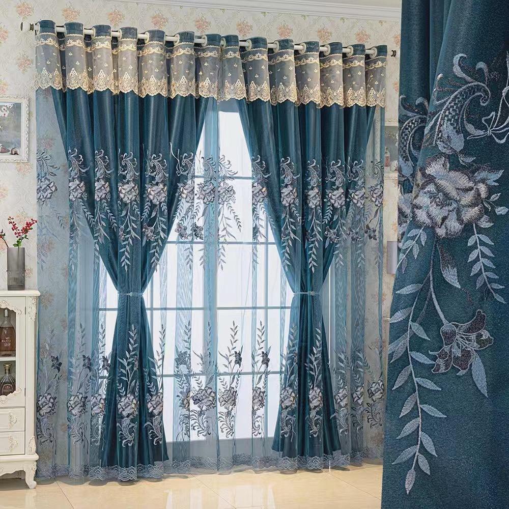 Nordisch Geborduurd Bloemen Gordijn, Dubbellaags Stof en Doorzichtig Stof, Eenvoudige Installatie voor Woonkamer en Slaapkamer Decoratie W130xH100cm&Grommet Top