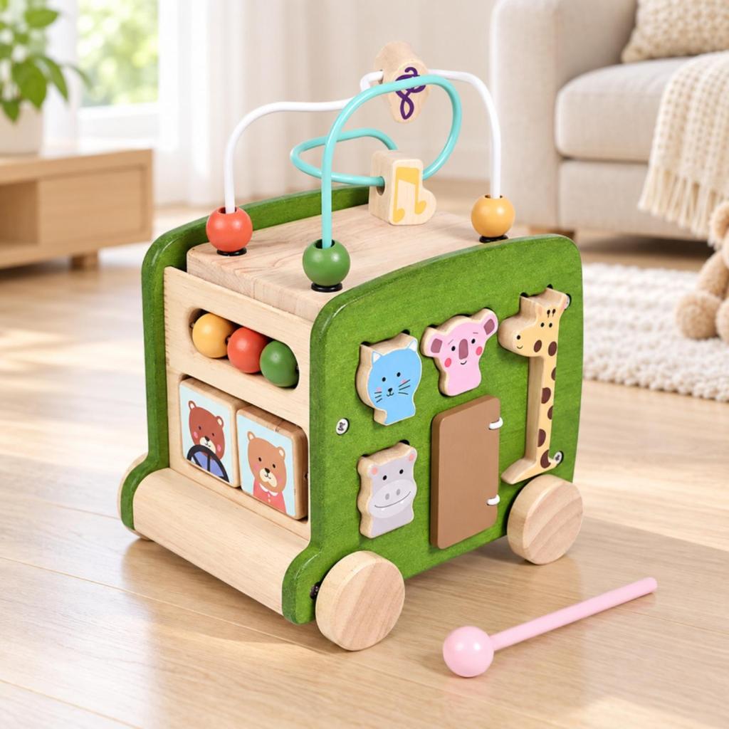 Multifunctional Wooden Bus Activity Toy Interactive Bus-Shaped