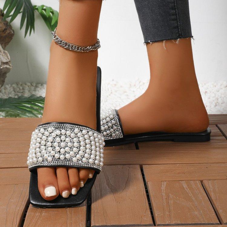 Women Pearl Rhinestone Square Toe Flat Slide Sandals Summer Beach Casual Comfortable Dress Slippers
