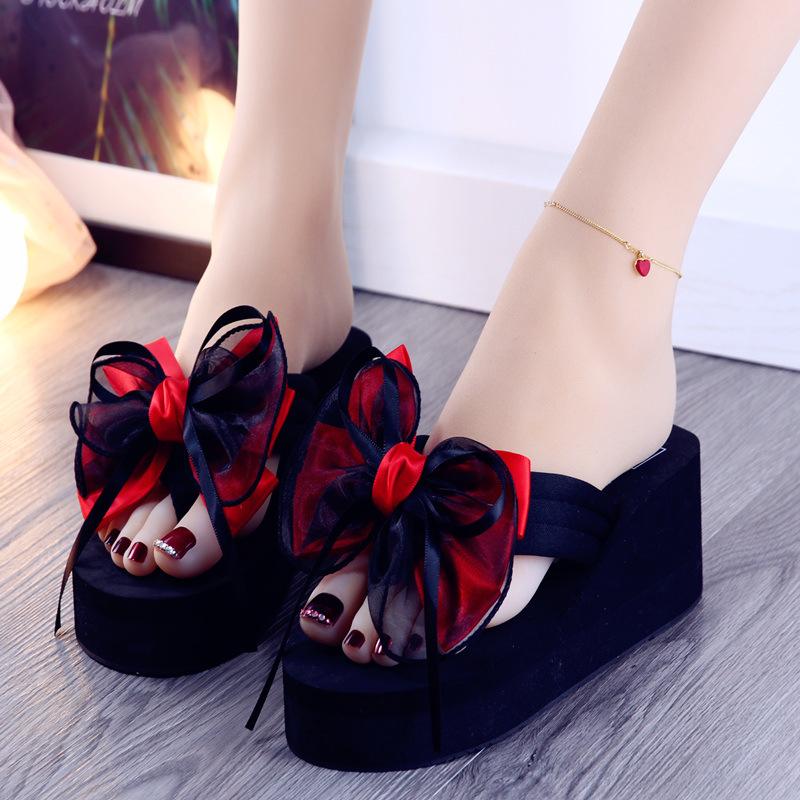 Fashion Women's 8CM Slope Heel Slippers Thick Bottom Increased Bow Casual Non slip Slippers Summer High Heels Pinch Foot Beach Slippers