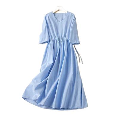 Spot New Ramie Jacquard Dress Blue White V-neck Solid Color Simple Temperament Summer