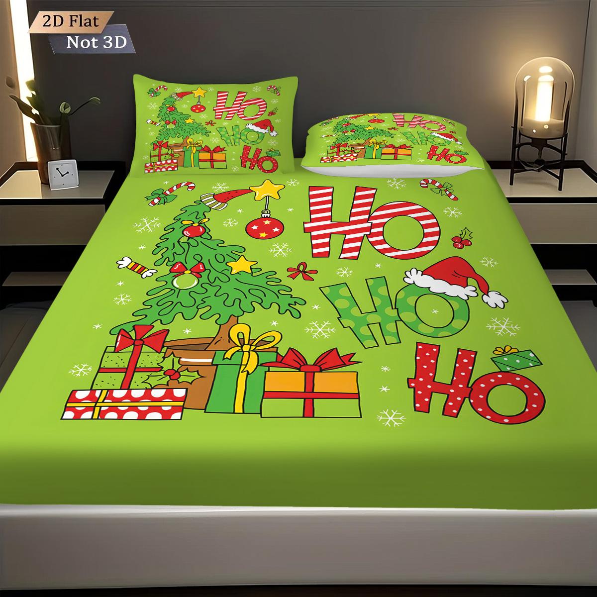 

3pcs Merry Christmas HO Green Print Coreless Bed Sheet Set Multi Size Comfortable Bed Cover Bedroom Bedding Holiday Decoration 90x191