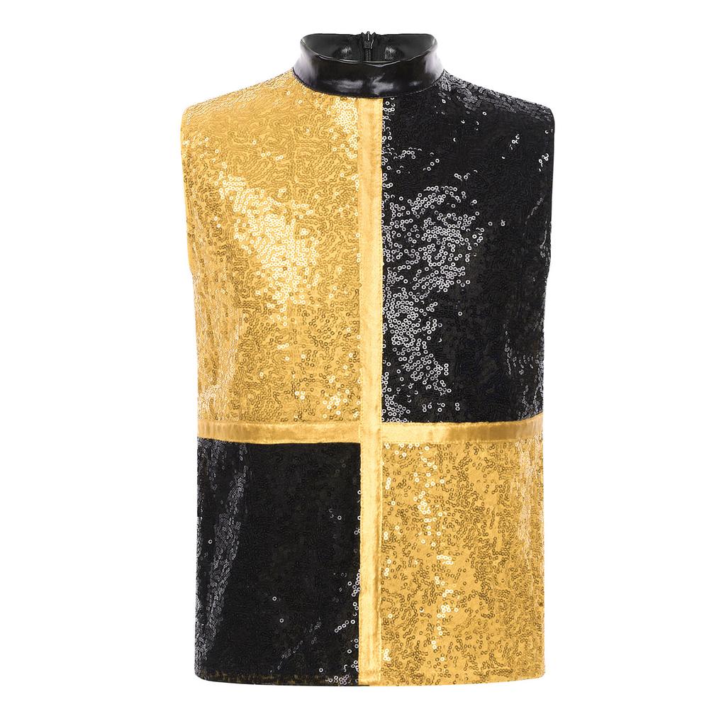Boys Metallic Jazz Dance Costume Mock Neck Sleeveless Back Zipper Shiny Sequins Color Block Top Cargo Pants