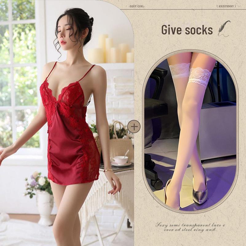 Sexy Temptation Lace Ice Silk Nightdress - Erotic Backless Lingerie for Women
