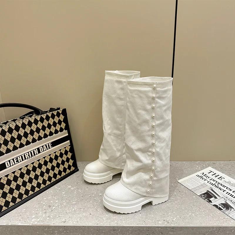 10Cm Denim Synthetic Platform Wedge Ankle Knee High Autumn Booties Fashion Round Toe Leisure Spring Women Ladies Shoes