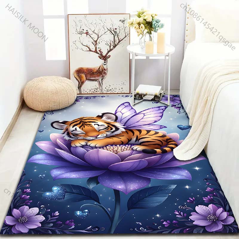 Multiple sizes Tiger fairy on flower Carpet for Living Room Bedroom Sofa Home Decor Rus Non-slip Floor Mat Luxury Gift