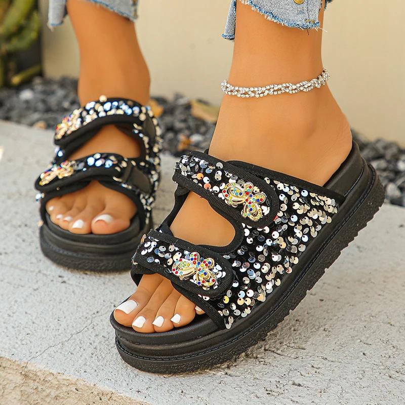 

Fashion Fashion Colorful Sequins Decor Slippers Women Platform Hook and Loop Slippers for Ladies Lightweight Soft Bottom Sandals Mujer 35 чёрный