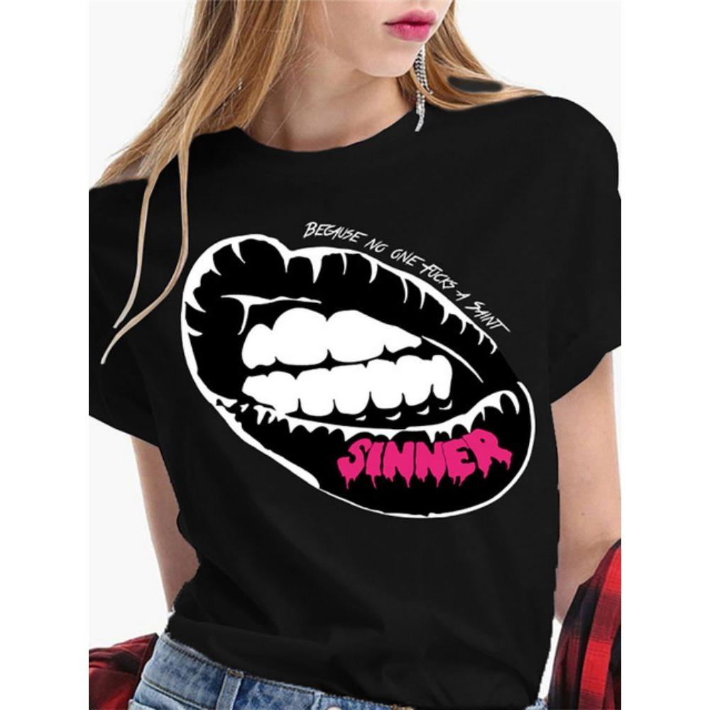 Fashion Sexy Red Lip Women T Shirt Funny Kiss Lips Print Ladies T-shirt Casual Basis O-collar Short Sleeves Female Tops Tees