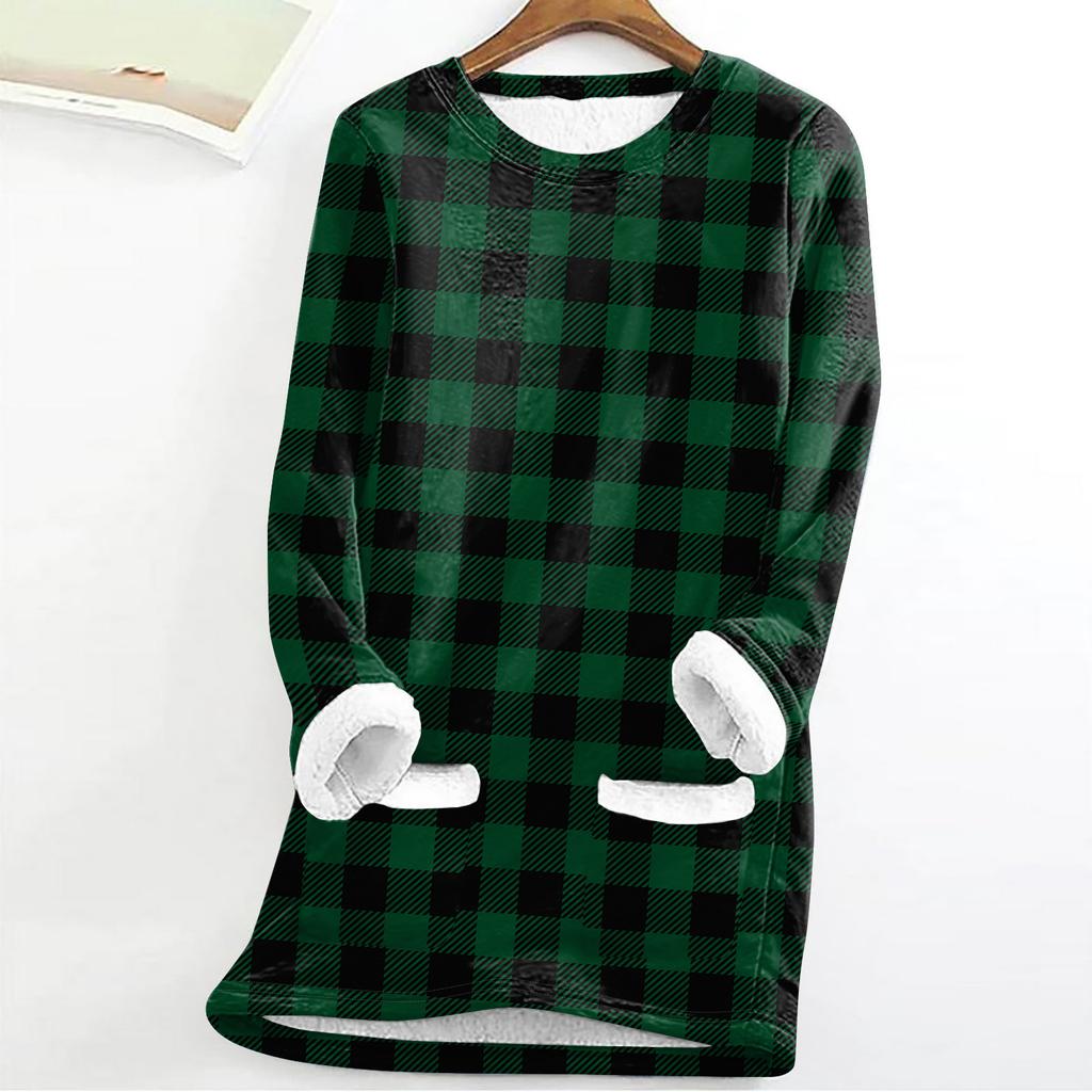 Women's Fashion Plaid Print Round Neck Long Sleeve Plush Winter Warm Pullover Top