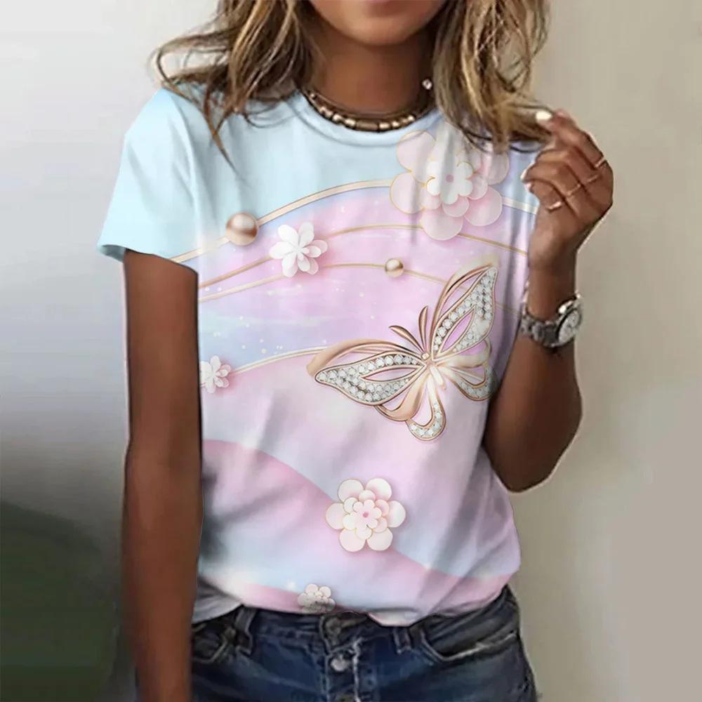 Fashionable women's T-shirt with colorful butterfly print top, 3D digital print for summer comfort 2861