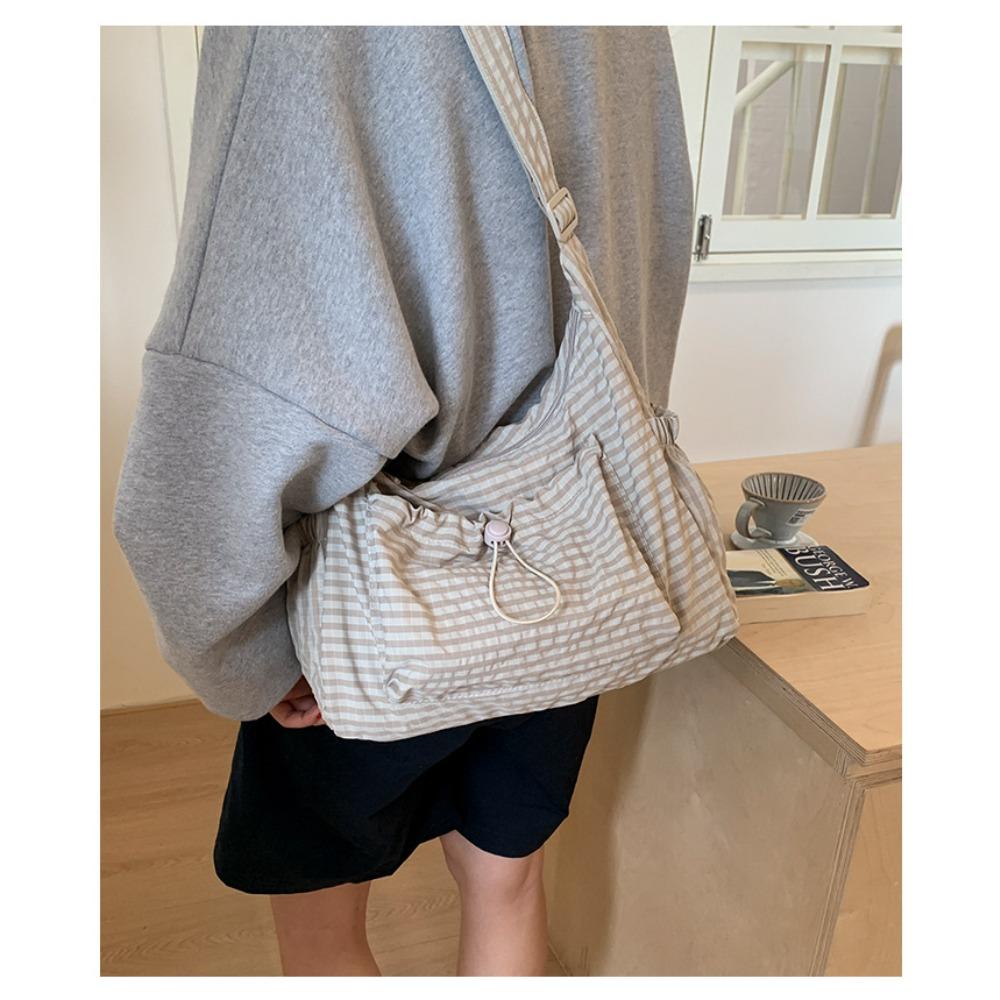 Składana torebka damska z regulowanym paskiem crossbody/na ramię i plisowanym designem z wieloma kieszeniami - Szkolna torba na książki w kratkę i paski