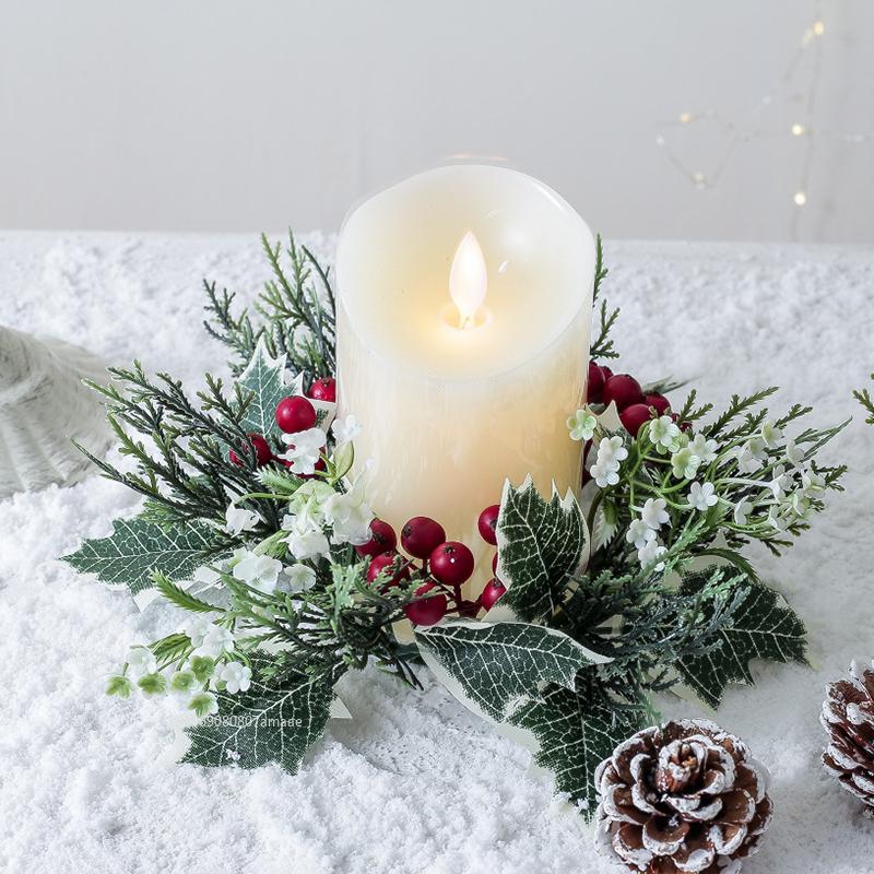Christmas Candlestick Wreath Artificial Berry Garland Candle Ring Xmas Table Decoration Green Leaves Wreath for Candle Holder