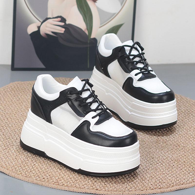 Fashion 10CM Air Mesh Chunky Sneaker Genuine Shoes Mules Shoes Summer Platform Wedge Women Women Microfiber Leather Slippers Slides