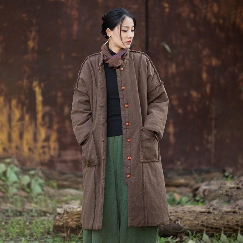 Johnature Women Vintage Winter Stand Long Sleeve Warm Button Chinese Style Coats Pockets Coats