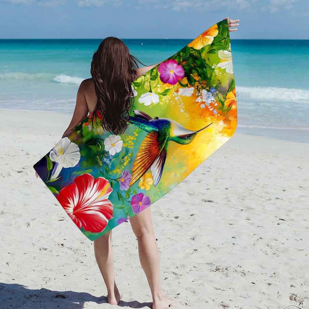 Beautiful Hummingbird & Flower Print Microfiber Towel, Ultra Absorbent Quick-Dry for Beach Holidays