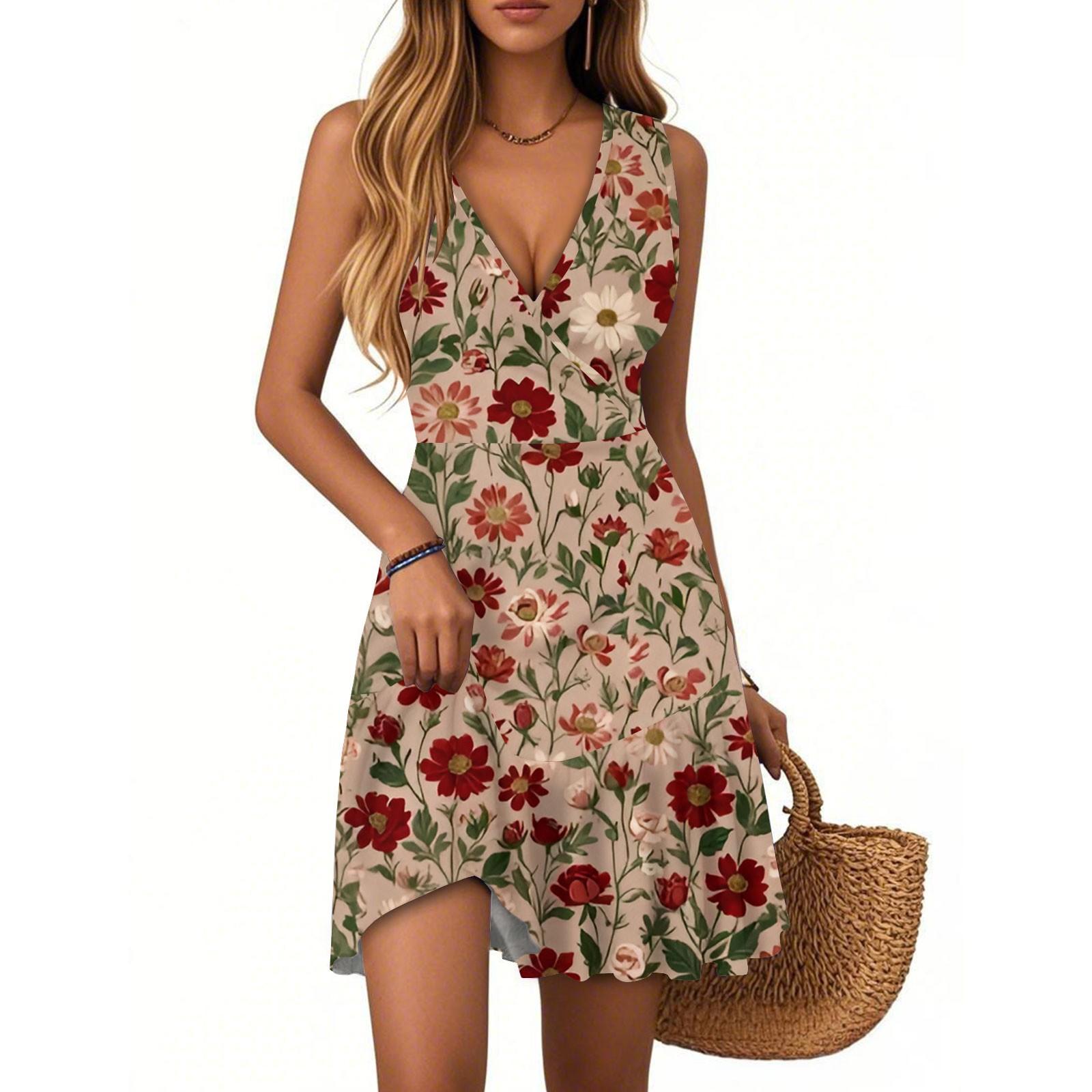 

Жіноча сукня V-подібний виріз Без рукавів Повсякденна Квітковий принт Поділ плісе XL винний