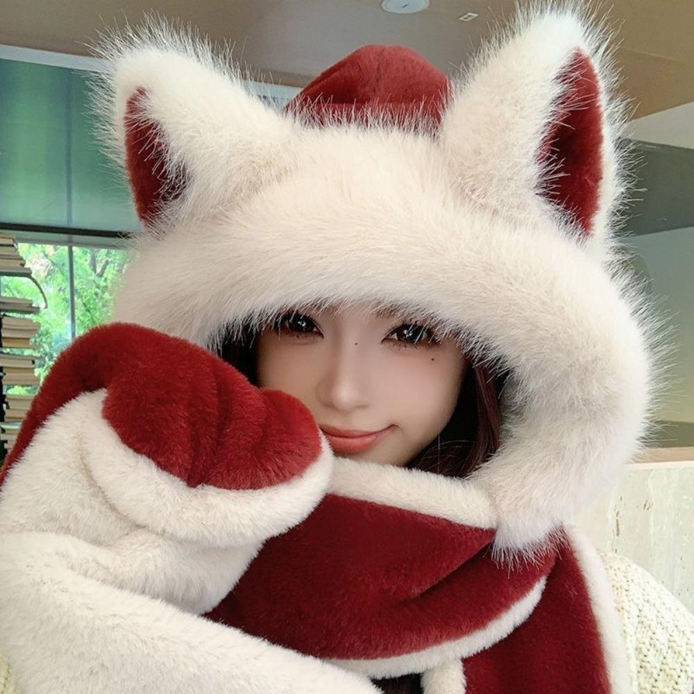 High-end Ankara Red Wolf Ears Plush Hat Scarf Women's Boutique Knitted Women's Hat