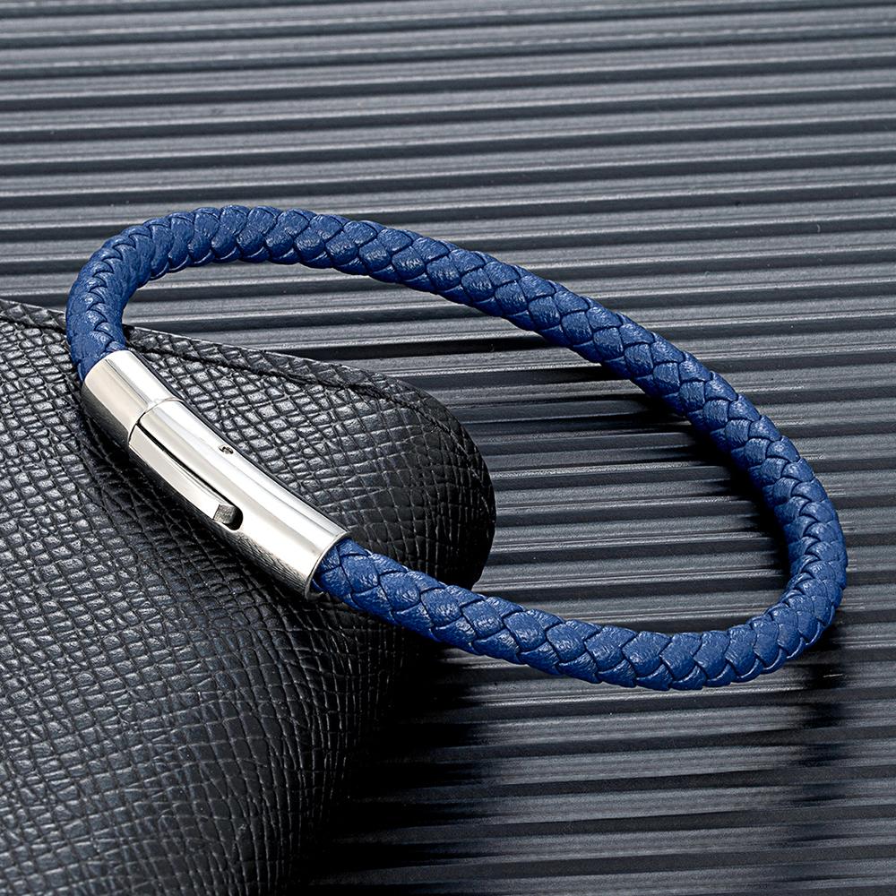 Classic Simple Blue Braided Leather Bracelet Bangle Stainless Steel Magnetic Buckle Jewelry For Men Women Couple