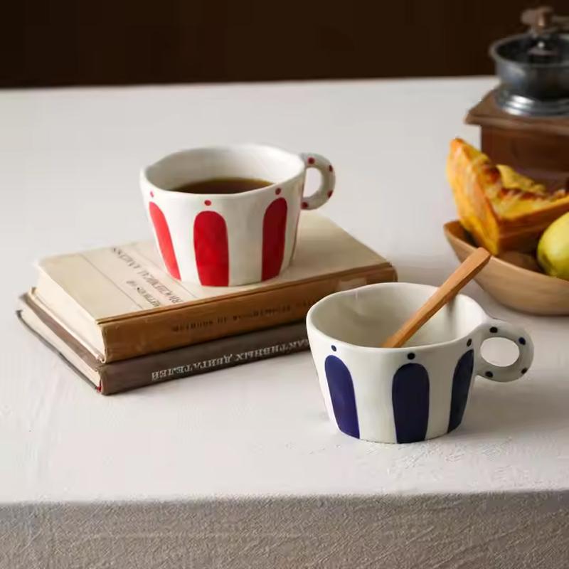 1Pc10.5Oz Scandinavian Geometric Stripesd Ceramic Mug, Exquisite Hand-Painted Round Mouth Handle Cup, Simple Stripesd Coffee Cup, Suitable for Home
