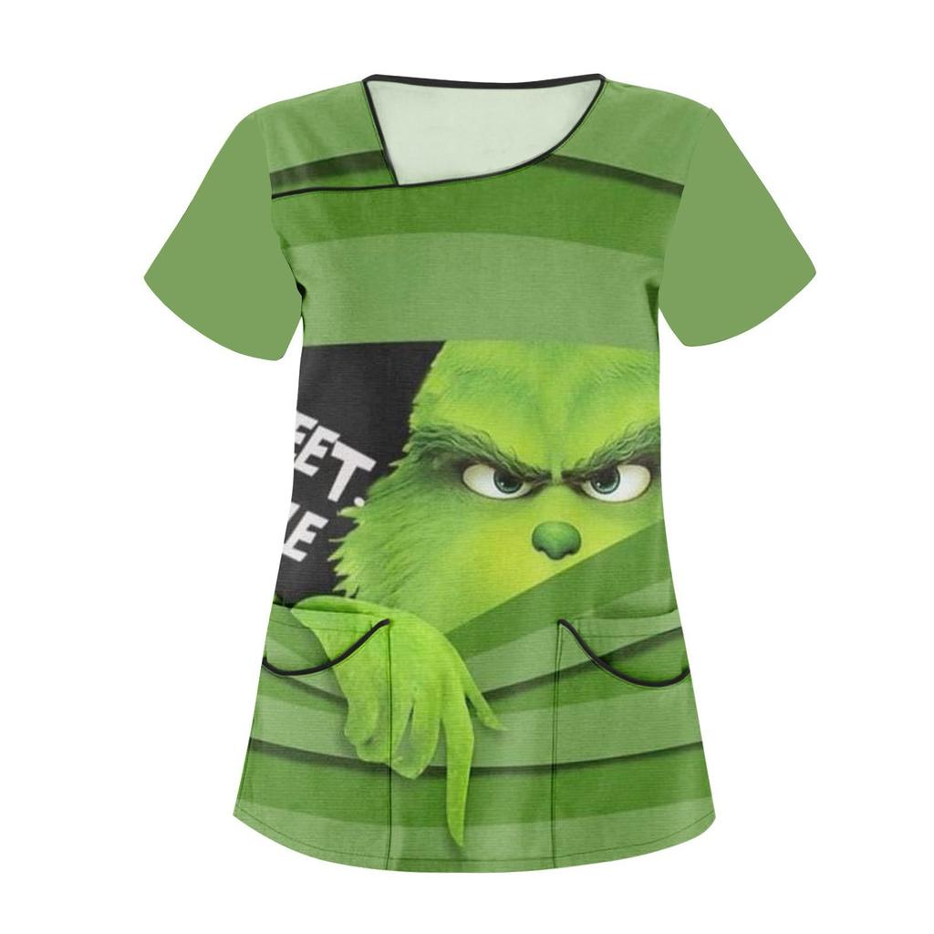 Women's Fashion Christmas Print Uniform Overalls Slanted Collar Double Pocket T-Shirt Short Sleeve Top