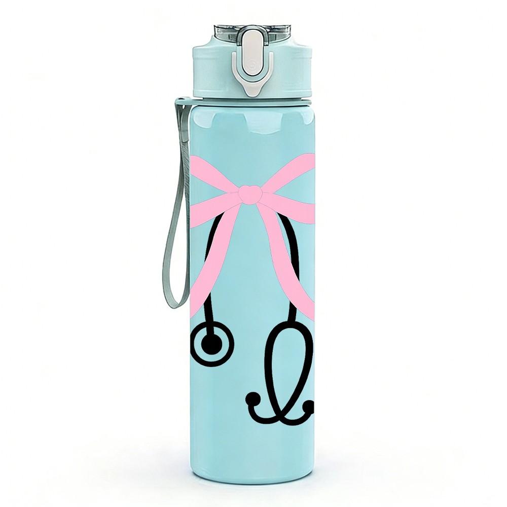 1PC Pink Bow Stethoscope 750ml Color Plastic Sports Water Bottle Leakproof Flip Straw Lid Suitable for Sports Office Home Use
