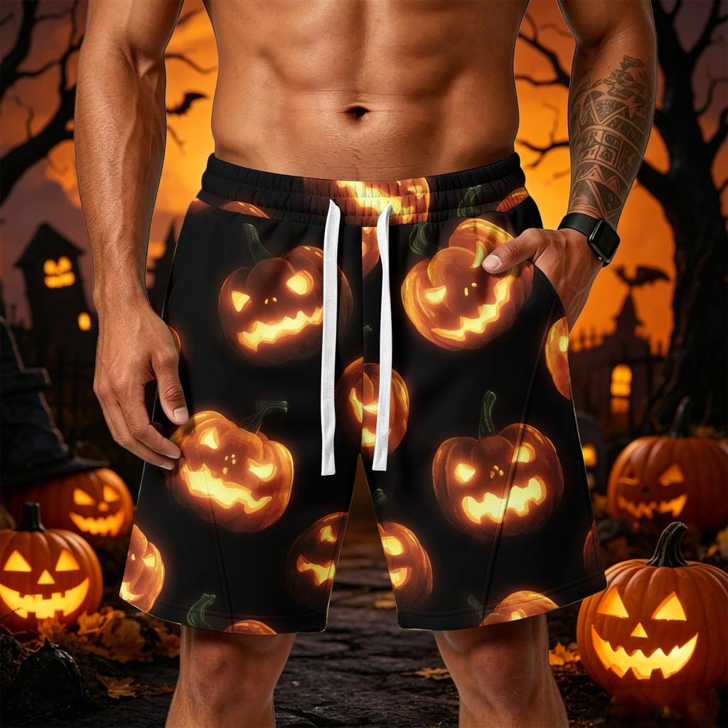 Men's Halloween Loose Fit Casual Sport Shorts with Adjustable Drawstring Waist and Multiple Pockets for Outdoor Activities
