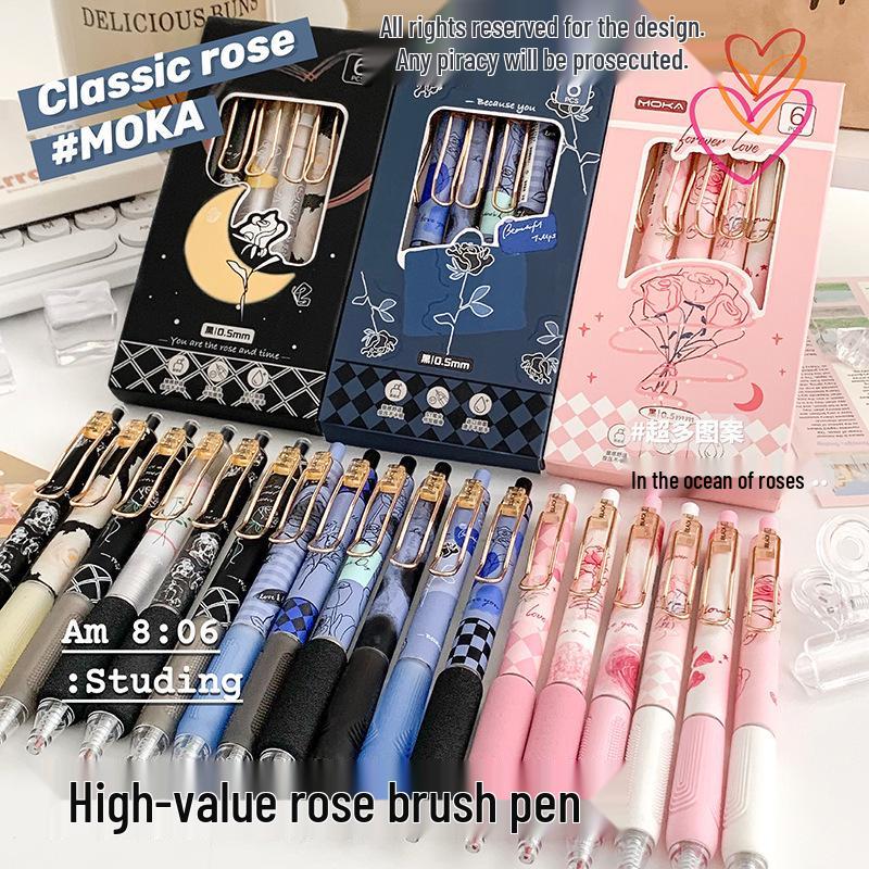 Elegant Rose ST Gel Pen Set - 6 Black High-Quality Push-Type Pens In Box