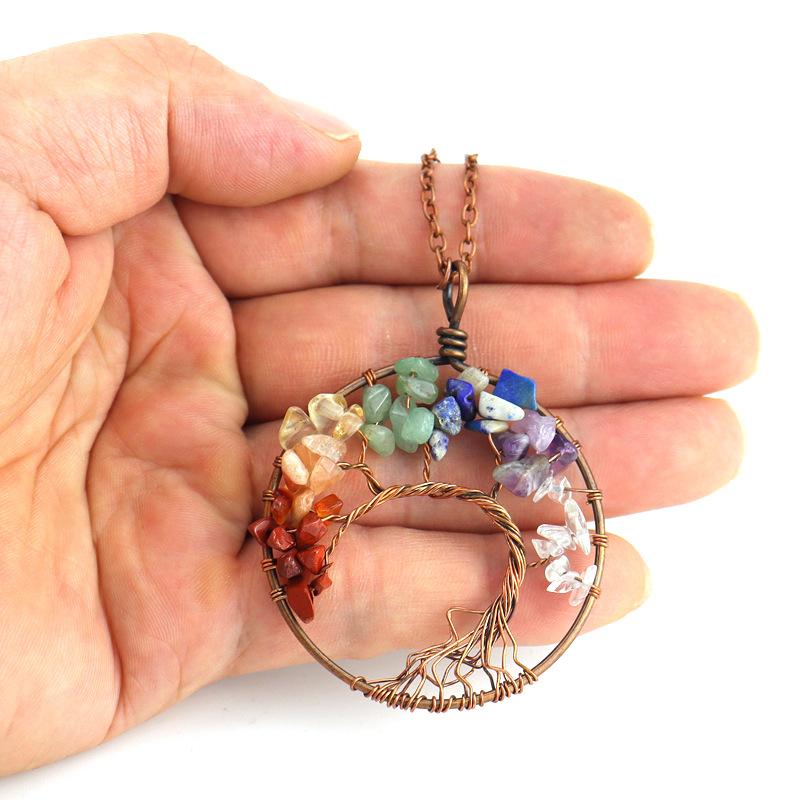 Hand-Wound Natural Stone Crystal Ancient Red Copper Curved Tree Of Life Curved Tree Necklace N01