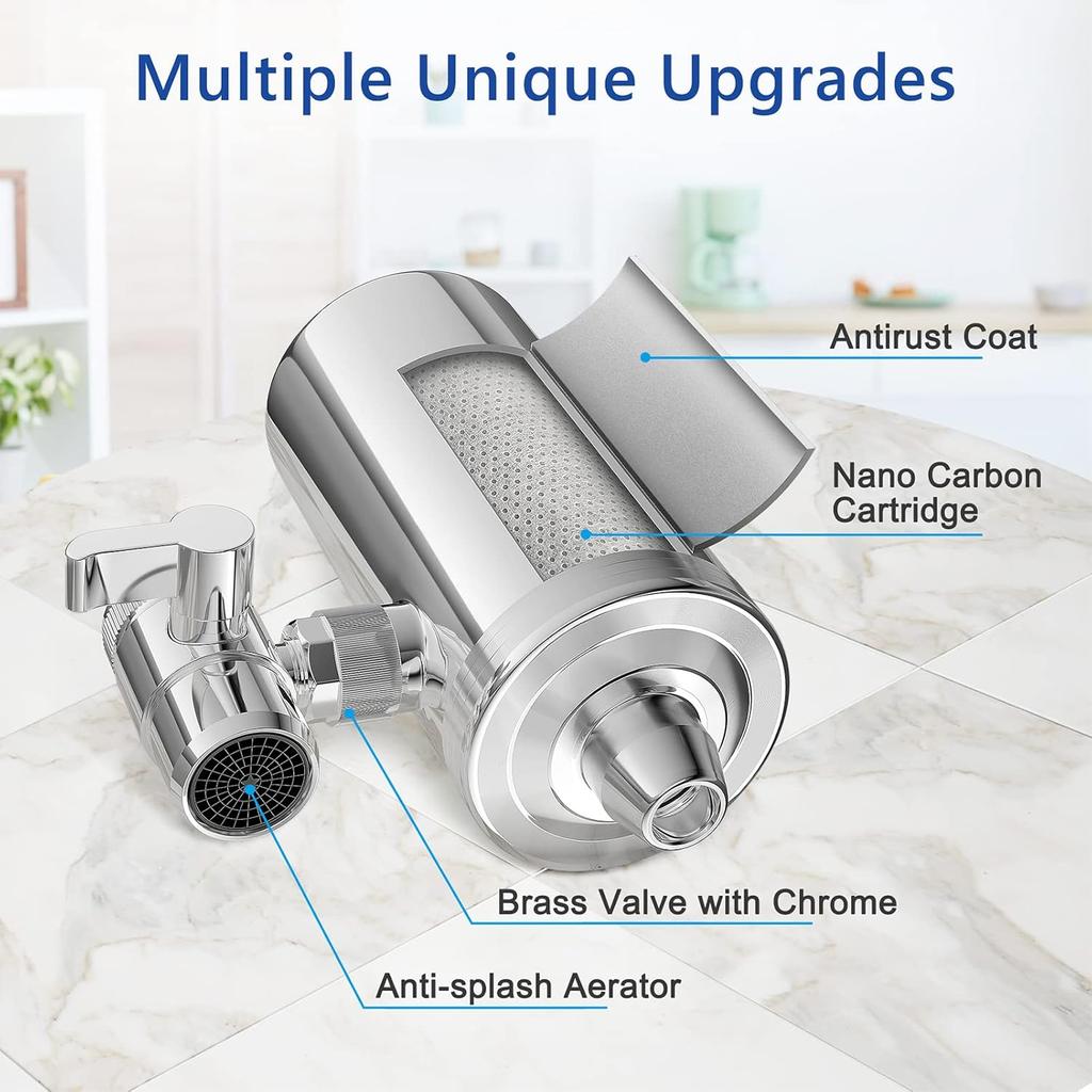 Faucet Water Filter, 1200-Gallons Water Faucet Filtration System, 304 Stainless Steel Tap Water Filter with with Dual 360-degree Swivels, Remove