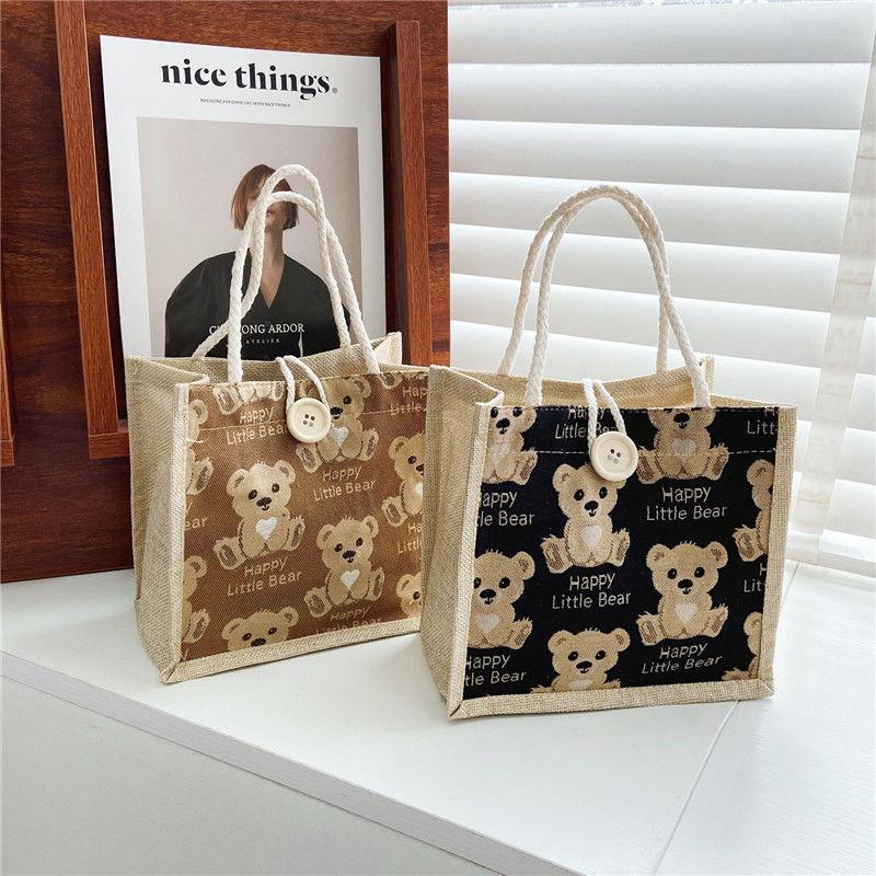 New linen handbag portable large capacity handbag bear student lunch bag small fresh shoulder handbag