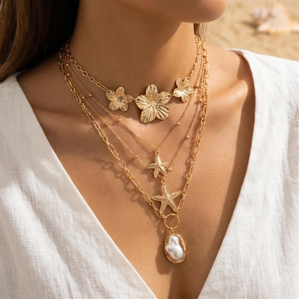 Bohemian Multilayer Flower Starfish Necklace for Women Baroque Imitation Pearl Pendant Choker Summer Beach Vacation Jewelry Gift