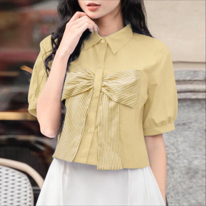 

ZANZEA Женская повседневная блузка с полосатым принтом, бантиками и пэчворком, летняя, с коротким рукавом 5XL хаки