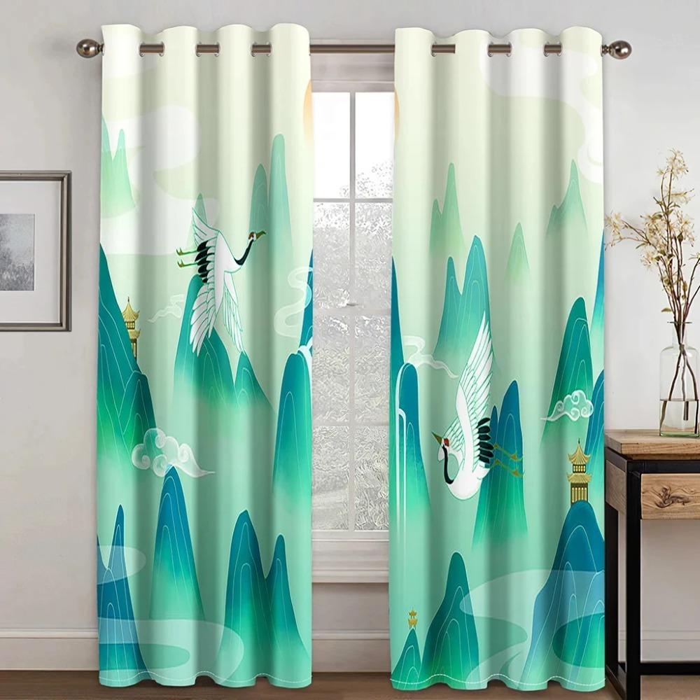 Red Blue Japanese Design Style Crane Wave Mountain Sun Printed Design High Sun Shading Drape Bed Chamber Living Room Hospitality Venue Window Drape